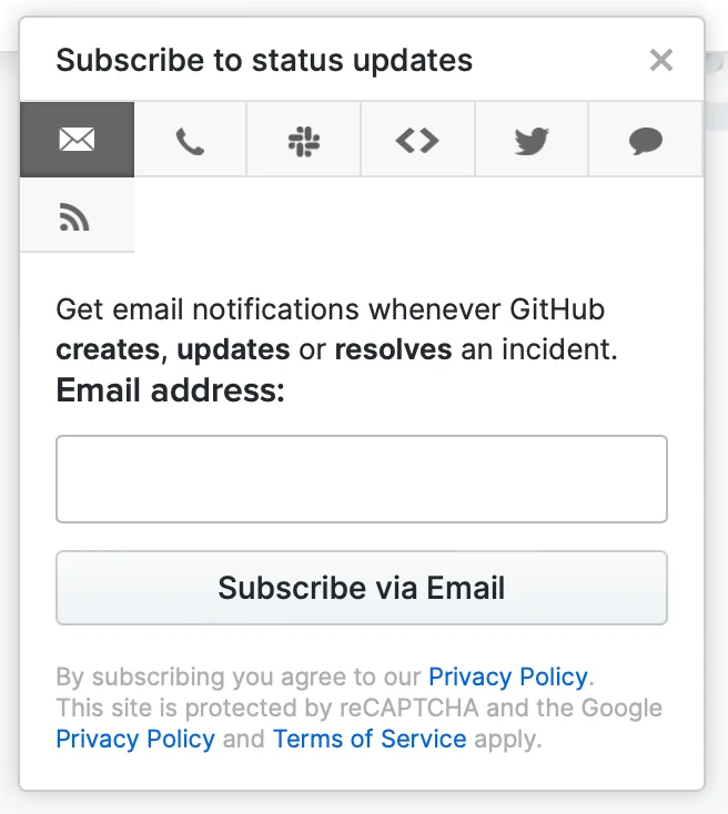 GitHub Status Page 的状态更新订阅窗口
