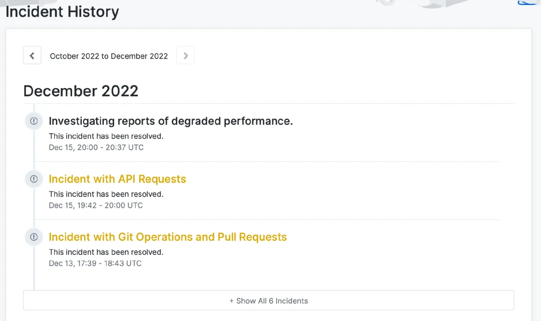 GitHub Status Page 历史页面中，清晰的记录着历史故障